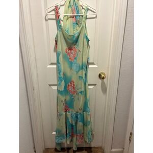 Sharon Max Floral Cowl Neck Maxi Dress Scarf Blue Green Vintage 90s USA